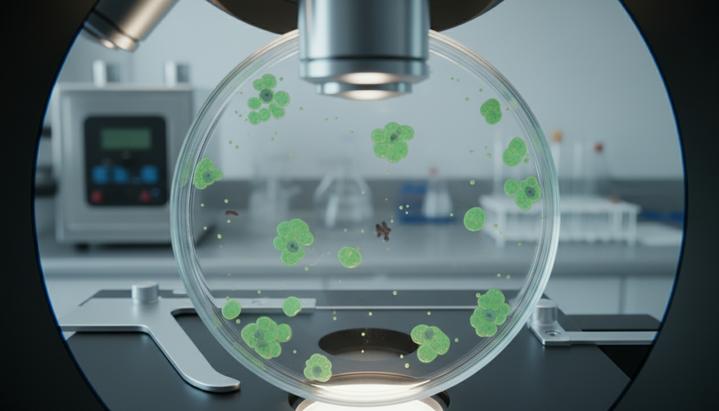 Культуры бета-клеток поджелудочной железы в чашке Петри под микроскопом. Лабораторное исследование причин диабета.