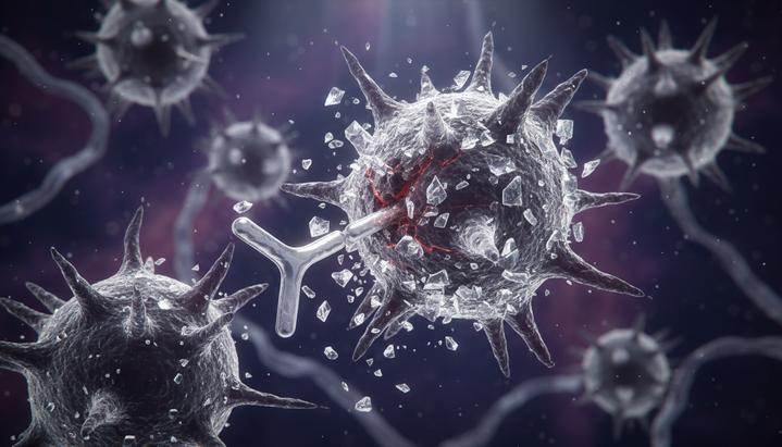 Микроскопическое изображение: Y-образная молекула антитела разрушает глянцевое сахарное покрытие на поверхности раковой клетки.