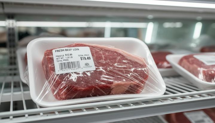 Кусок свежего мяса в пищевой пленке на пенопластовом лотке в холодильнике супермаркета. На пленку наклеена белая этикетка с ценой.