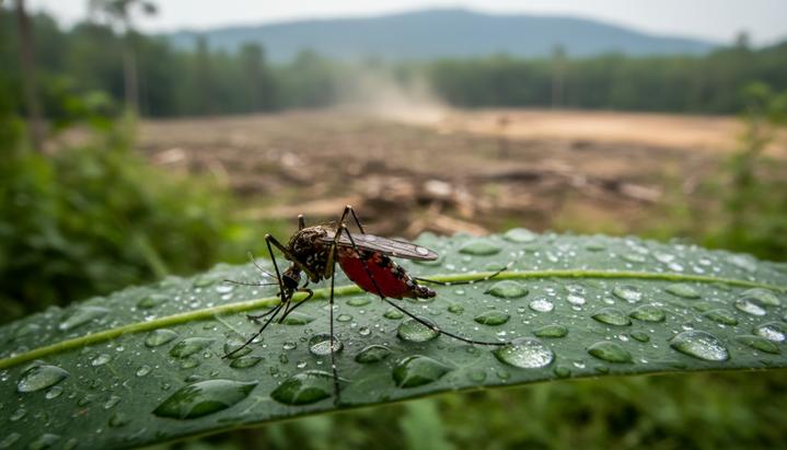 Крупный план комара с брюшком, полным крови, на листе растения в бразильском Атлантическом лесу.