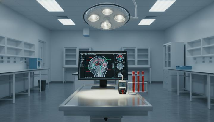 Скачки сахара в крови после еды повышают риск болезни Альцгеймера Снимок МРТ мозга на мониторе в лаборатории, рядом стоят пробирки с образцами крови и глюкометр на столе.