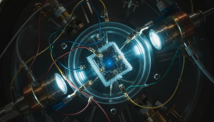 Металлический кристалл в криостате, подключенный к датчикам. Экспериментальная установка для низкотемпературных исследований в лаборатории.