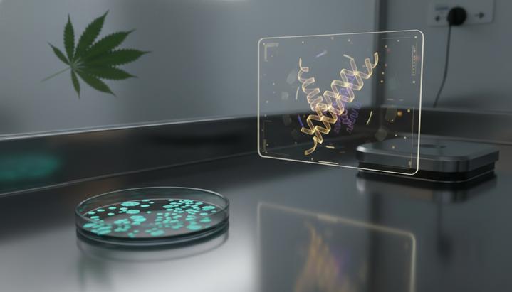 Ученые воссоздали древние ферменты для производства каннабиноидов Лабораторный стол, на котором стоит чашка Петри со светящимися культурами дрожжей и голографическая модель молекулы фермента.