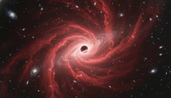 Телескоп «Уэбб» разгадал тайну красных точек ранней Вселенной Молодая активная черная дыра в плотном коконе из светящегося красного газа в далеком космосе ранней Вселенной на фоне первых галактик.