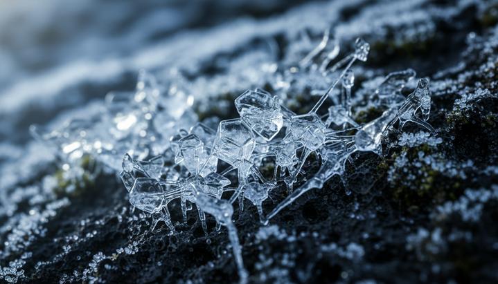 Ледяные кристаллы цианида могли запустить химию зарождения жизни Прозрачные кристаллы цианистого водорода на вулканической породе, образующие сложную паутинообразную структуру.