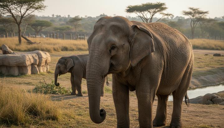 Ограничение размножения продлевает жизнь млекопитающим Старая слониха с морщинистой кожей в вольере зоопарка, на заднем плане виден молодой слоненок.