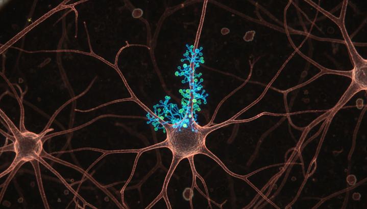 Одиночный нейрон в мозговой ткани с плотным скоплением синапсов, образующих светящийся кластер на дендрите.