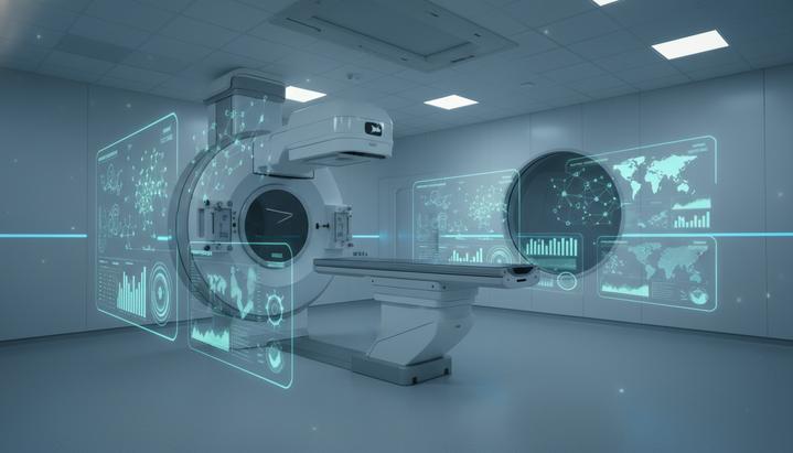 Современный аппарат для лучевой терапии в пустом стерильном кабинете, окруженный светящимися голографическими графиками и данными.