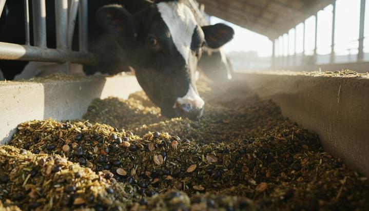 Высокоолеиновая соя улучшает молоко и снижает расходы молочных ферм Кормушка с кормовой смесью из обжаренных соевых бобов на современной молочной ферме, на заднем плане корова ест корм.