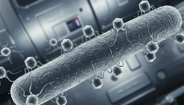 Микрогравитация на МКС изменила эволюцию вирусов и бактерий Микроскопическое изображение: вирусы-бактериофаги атакуют бактериальную клетку кишечной палочки (E. coli) в лабораторных условиях.