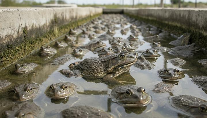 Происхождение грибка–убийцы амфибий проследили до Бразилии Американская лягушка-бык сидит в мутной воде в бетонном вольере на коммерческой ферме по разведению амфибий.