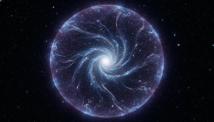 Гигантское сферическое гало темной материи в космосе с ярким и плотным ядром, окружающее далекую галактику.