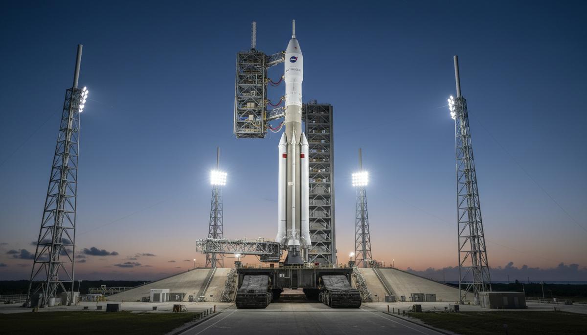 Ракета Artemis II для полета к Луне доставлена на стартовую площадку Огромная ракета-носитель SLS программы «Артемида-2» с кораблем «Орион» на гусеничном транспортере на стартовой площадке 39B.