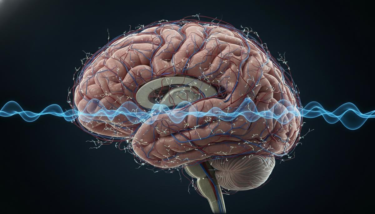 Потеря концентрации при недосыпе связана с самоочисткой мозга Анатомическая модель человеческого мозга в разрезе, окруженная потоками светящейся синей спинномозговой жидкости, которая пульсирует вокруг коры.