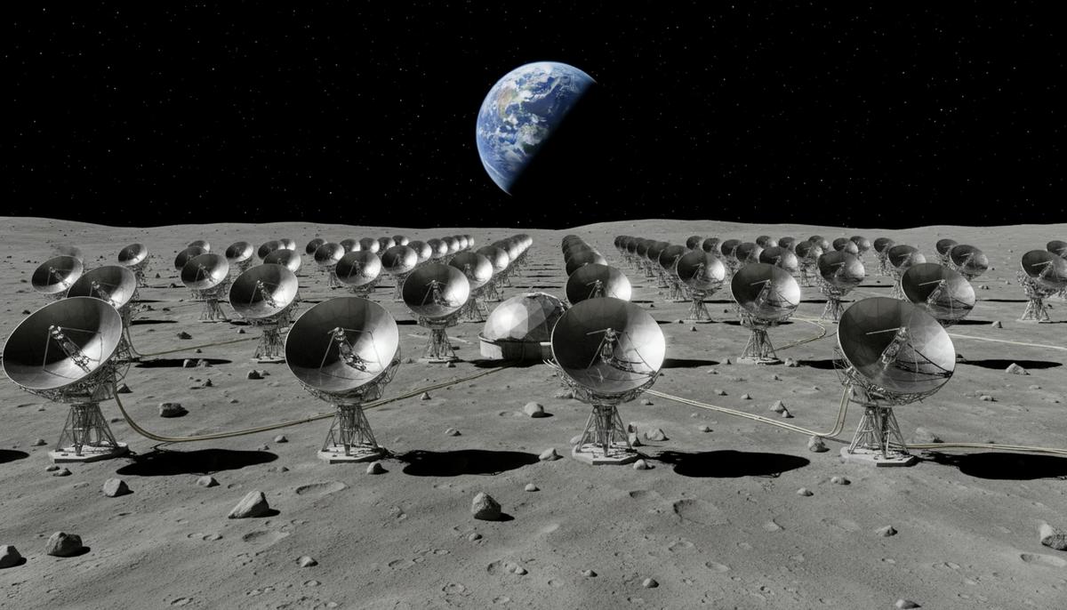 Древние радиосигналы с Луны раскроют тайну темной материи Радиотелескоп на пыльной, покрытой кратерами поверхности Луны. В черном небе видна далекая планета Земля.