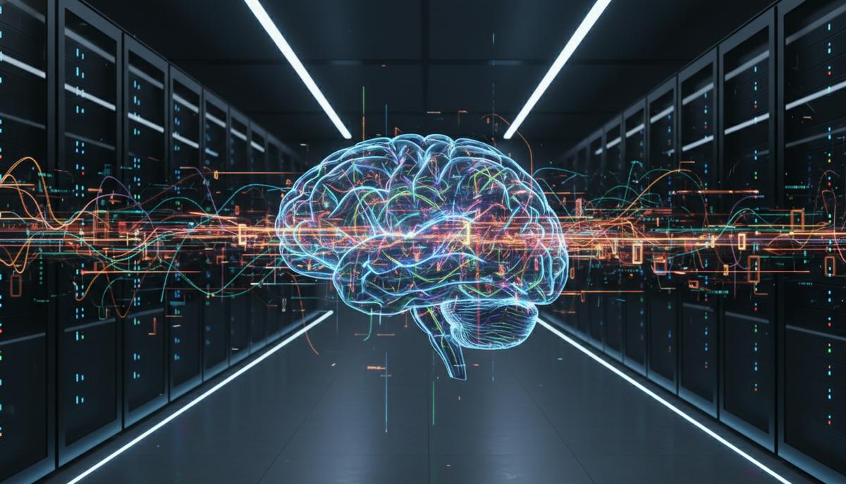 Мозг понимает речь по принципу работы нейросетей GPT Светящиеся нейронные пути и потоки цифровых данных, переплетающиеся внутри абстрактного контура человеческого мозга на фоне темной серверной комнаты.