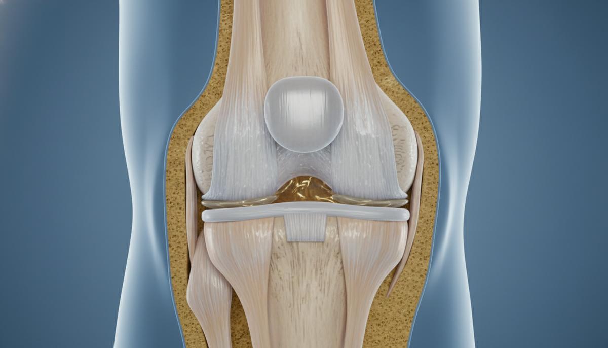 Блокировка белка старения восстанавливает хрящи при остеоартрите Анатомическая модель коленного сустава в разрезе, демонстрирующая гладкую поверхность здорового гиалинового хряща на костях.