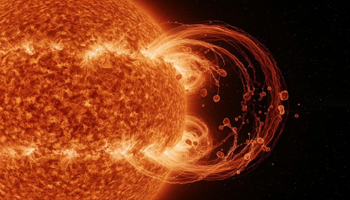 Крупный план мощной вспышки на поверхности Солнца. Видны яркие петли и сгустки раскаленной плазмы на фоне темного космоса.