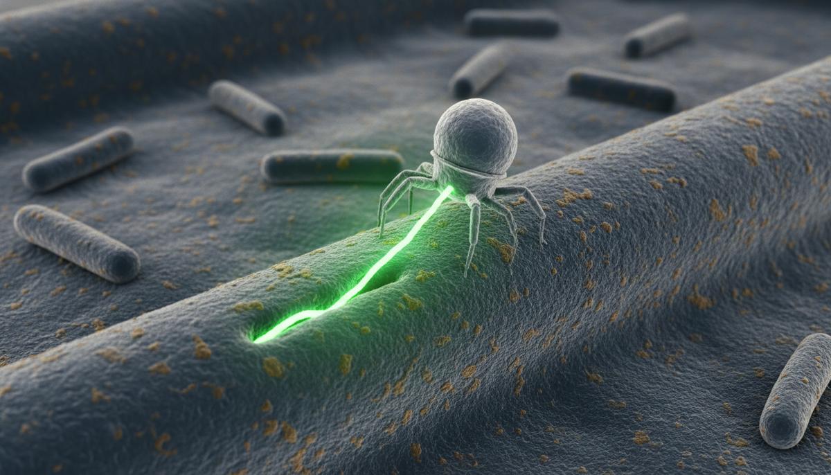 Вирус-бактериофаг прикрепился к поверхности бактериальной клетки и вводит в нее свою ДНК. Микроскопический мир.