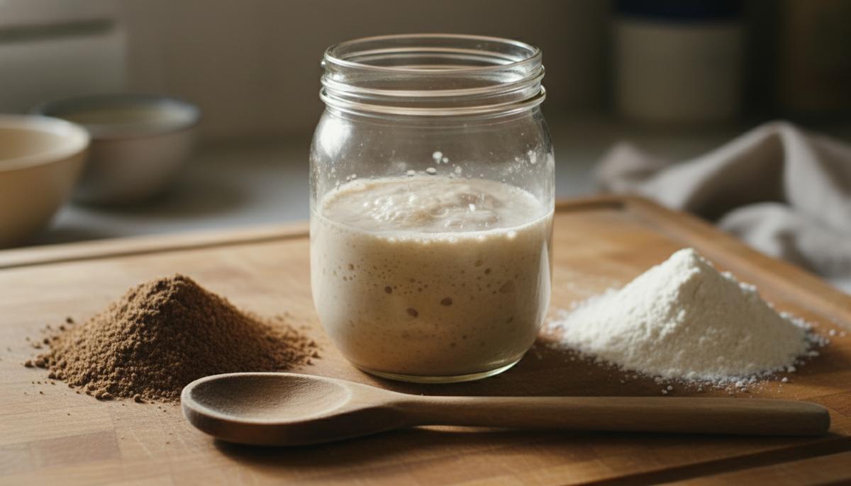 Ученые выяснили, как мука влияет на микробиом хлебной закваски Активная хлебная закваска в стеклянной банке на деревянном столе рядом с горками цельнозерновой и пшеничной муки.