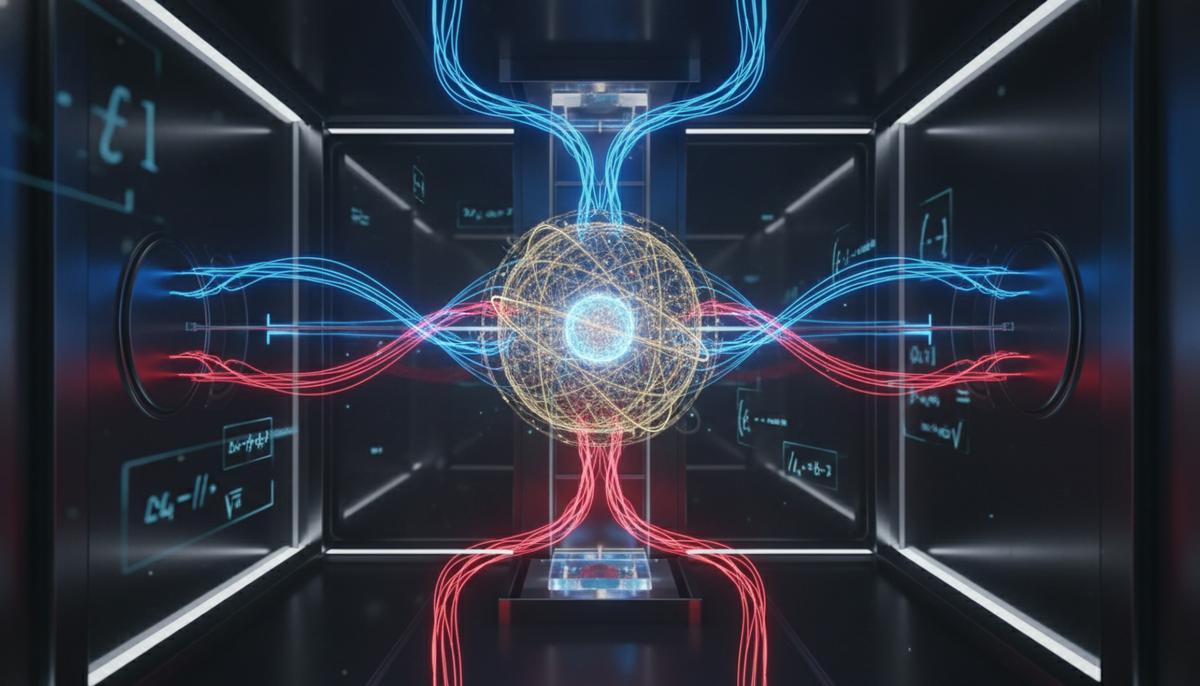 Абстрактная модель одноатомного квантового двигателя в центре научной установки, окруженная светящимися линиями энергии.