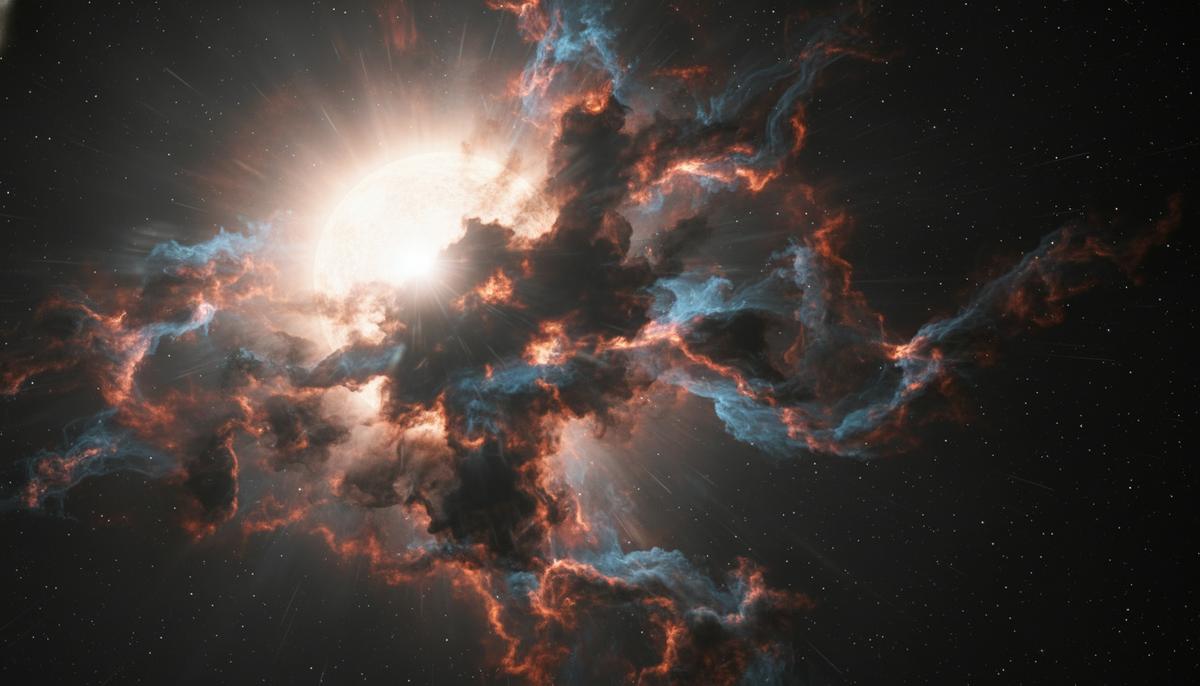 Огромное турбулентное облако из газа и пыли, состоящее из испаренных металлов, частично закрывает яркую солнцеподобную звезду в космосе.