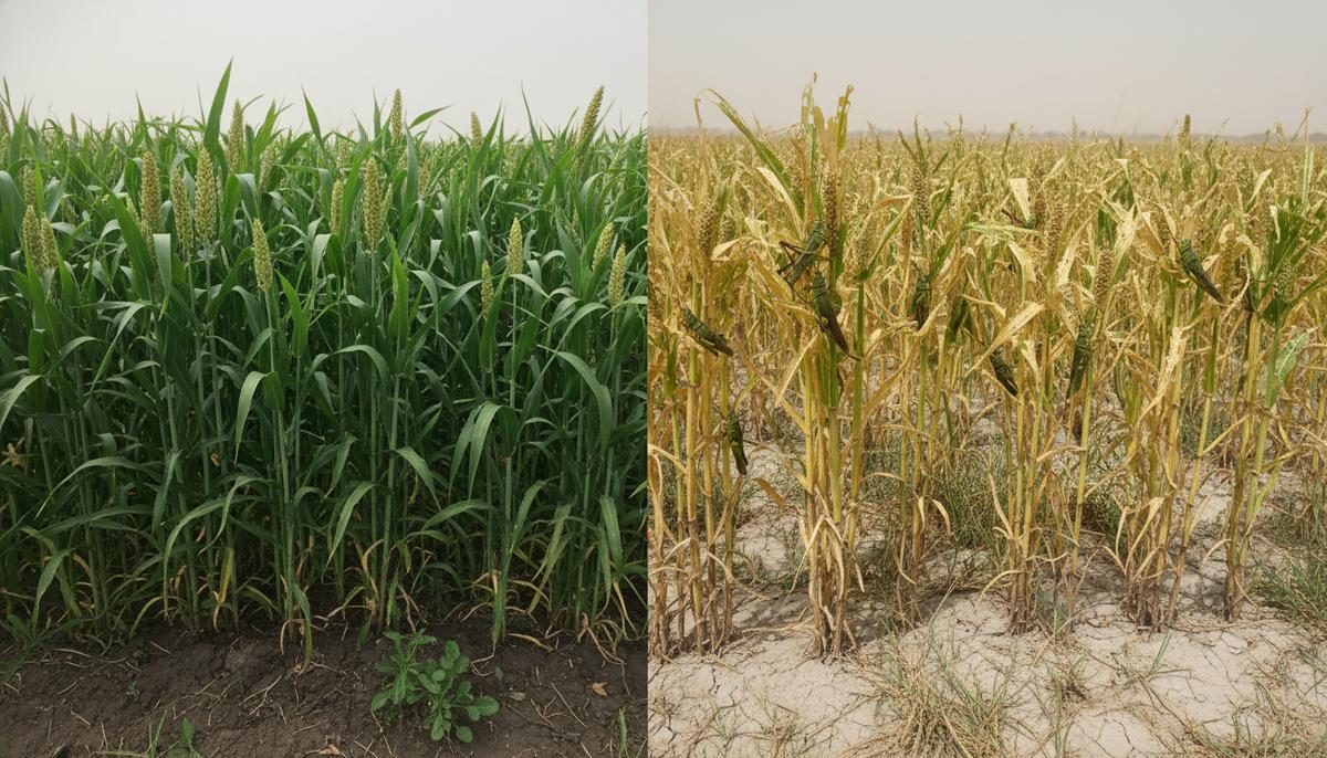 Ученые: удобрения могут защитить урожай от нашествий саранчи Поле проса, разделенное на две части: одна – с зелеными здоровыми растениями, другая – поврежденная саранчой.