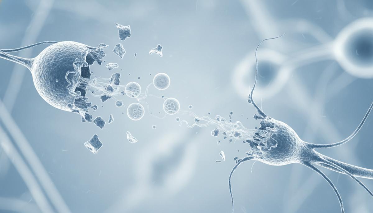 Микроскопическое изображение синапса между двумя нейронами, показывающее разрушение и распад синаптической связи.