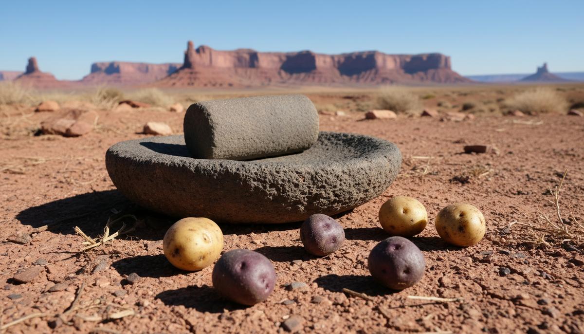 Несколько клубней дикого картофеля и древнее каменное орудие для перетирания на земле в пустынном ландшафте юго-запада США.