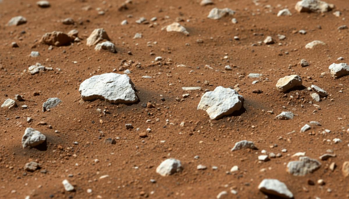 Светлые обломки каолиновой глины на красноватой пыльной поверхности Марса крупным планом.