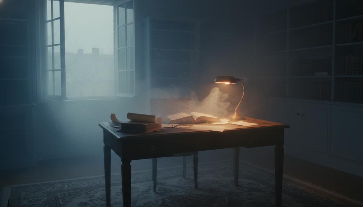 Рабочий стол с книгой и лампой в комнате, которую постепенно заполняет густой туман, проникающий из окна.