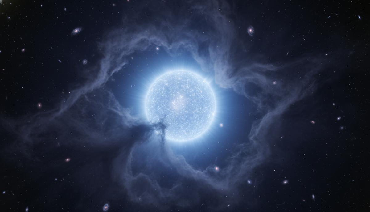 Огромная яркая голубая звезда в космической туманности на фоне далеких галактик и маленьких красных точек в ранней Вселенной.
