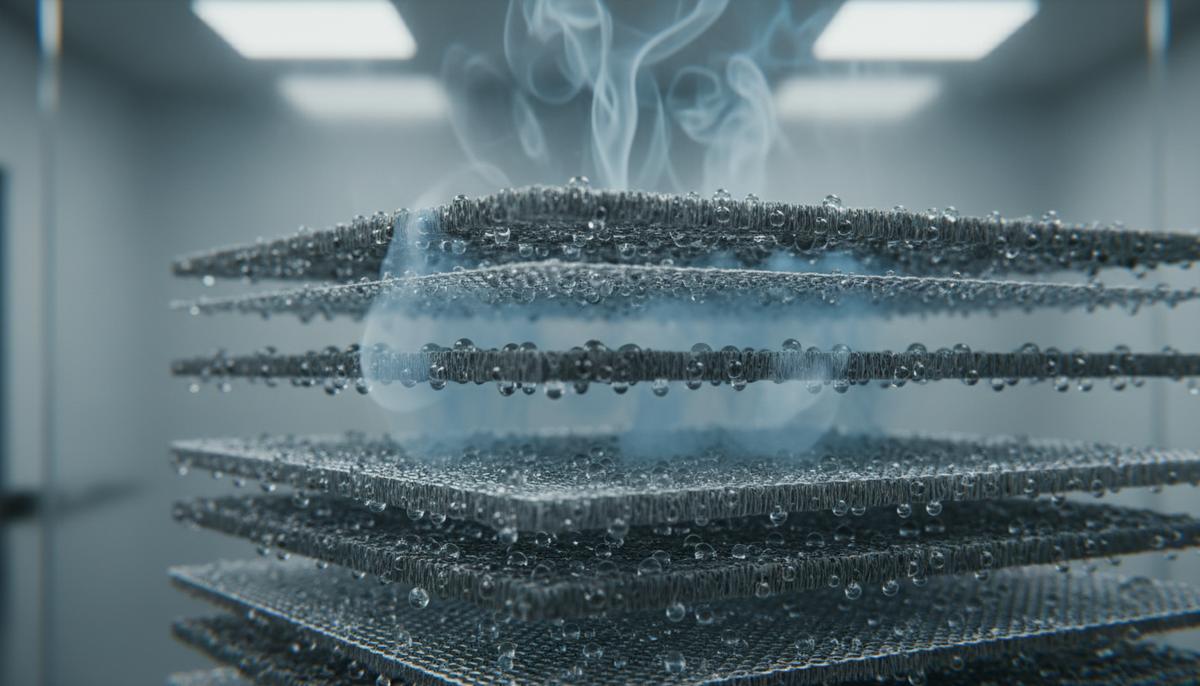 Крупный план многослойного электрода с пористой текстурой, через который проходит дым, и капли жидкости на его поверхности.