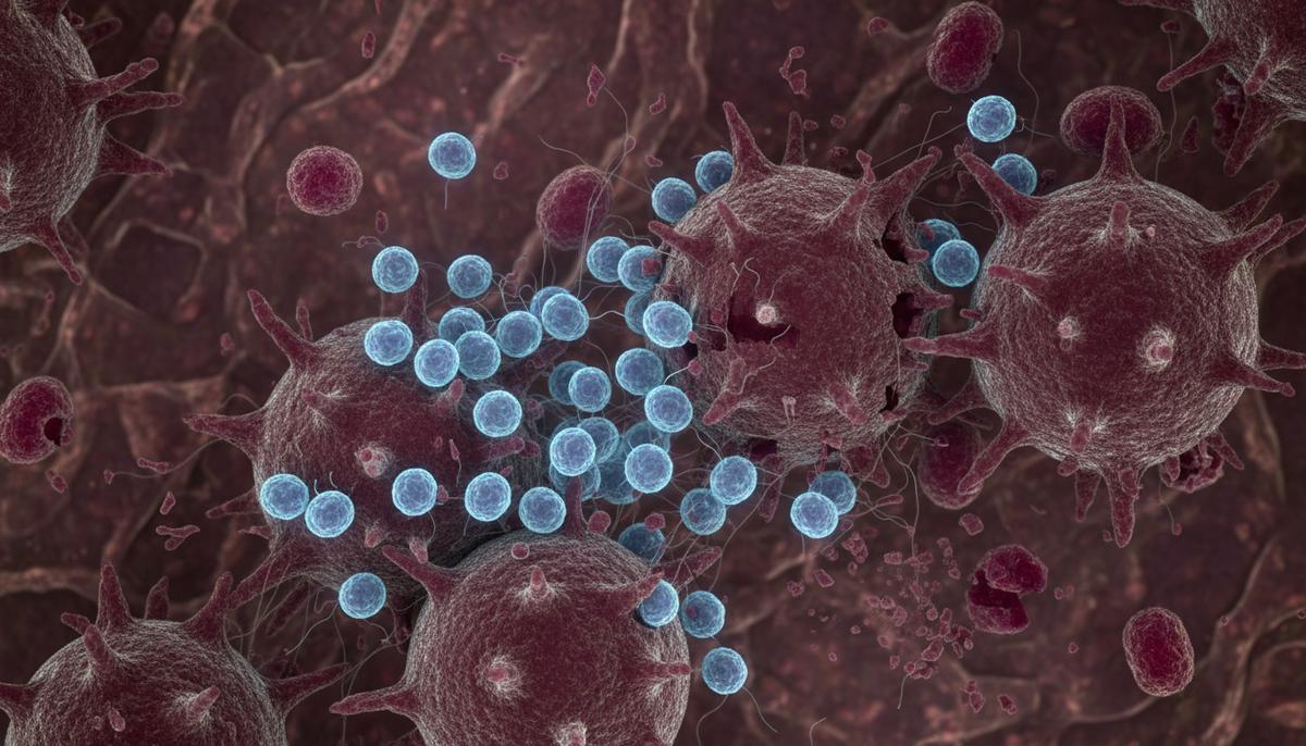 Микроскопическое изображение: Т-лимфоциты атакуют и разрушают скопление раковых клеток в органической ткани.