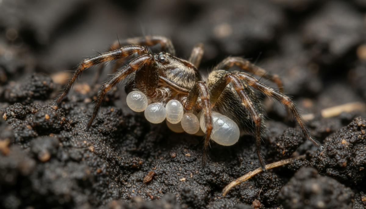 Крошечный паук на земле, на талии которого прикрепилась цепочка из круглых белых личинок клещей, похожих на жемчужное ожерелье.