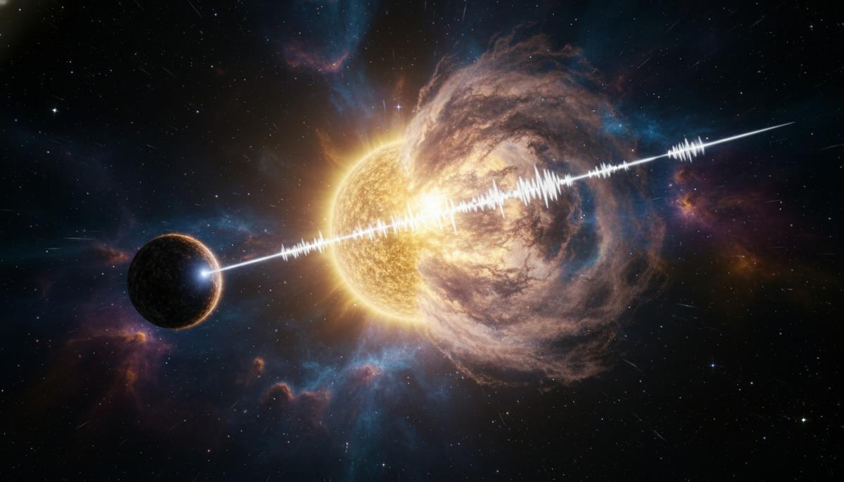 Двойная звездная система в космосе: нейтронная звезда-магнитар излучает радиосигнал, а ее звезда-компаньон выбрасывает облако плазмы.