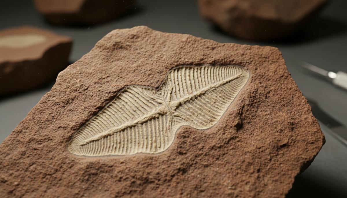 Химия древних морей сохранила отпечатки первых сложных организмов Детальный отпечаток древнего мягкотелого организма эдиакарской биоты на поверхности расколотого песчаника.