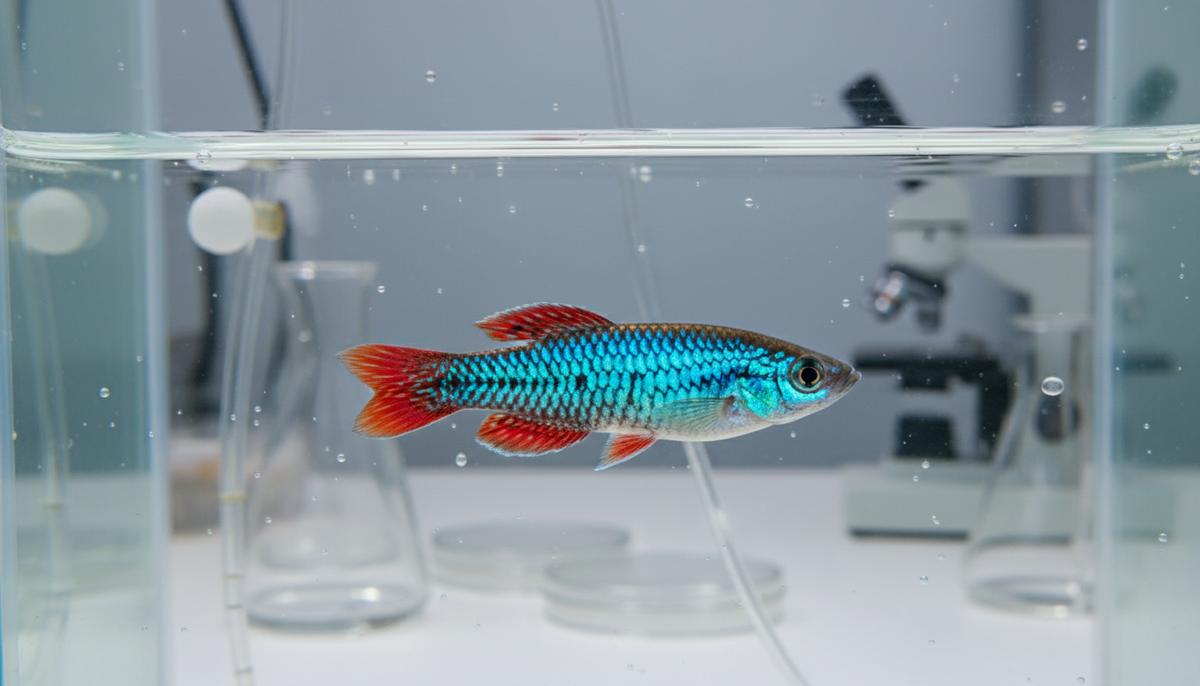 Механизм защиты почек от старения раскрыт с помощью уникальной рыбы Африканская бирюзовая нотобранхия, небольшая яркая рыбка с синей и красной окраской, плывет в чистой воде аквариума.