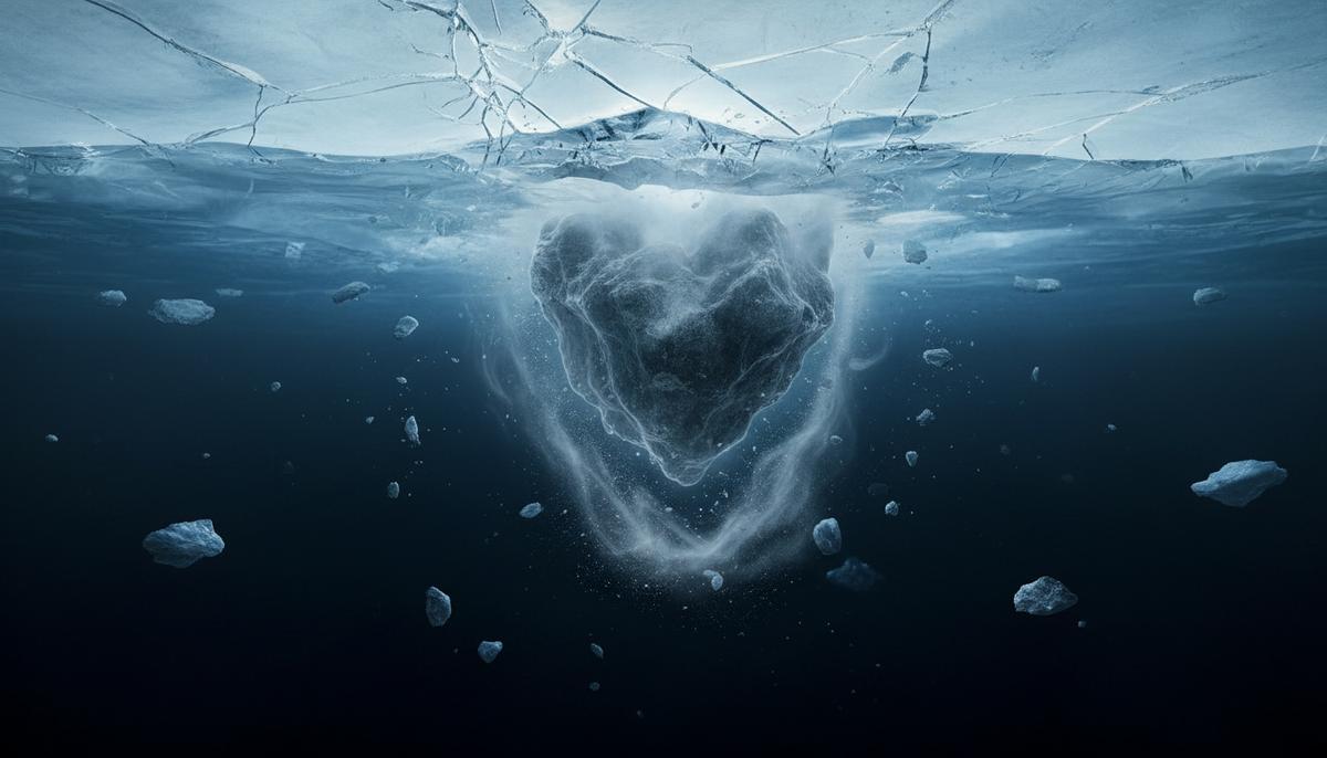 Глыба темного соленого льда медленно тонет в толще ледяной коры Европы, опускаясь к темному подледному океану в разрезе.