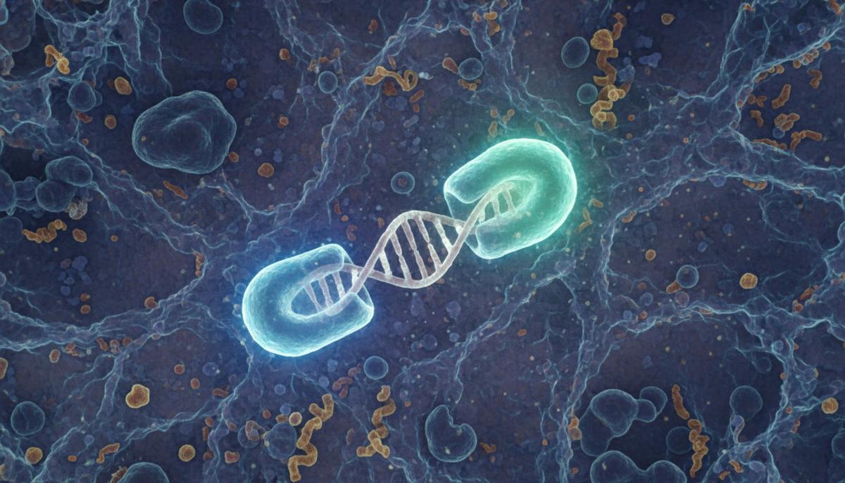 Макро-изображение конца хромосомы внутри клеточного ядра. Защитный колпачок, теломер, ярко выделяется, защищая нити ДНК.