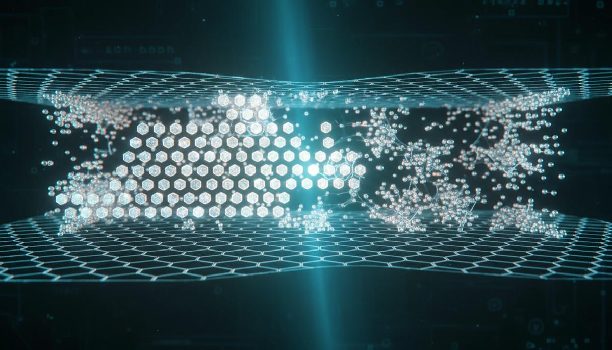 Атомы кристалла иодида серебра в гексатической фазе, заключенные между двумя слоями графена. Вид под микроскопом.