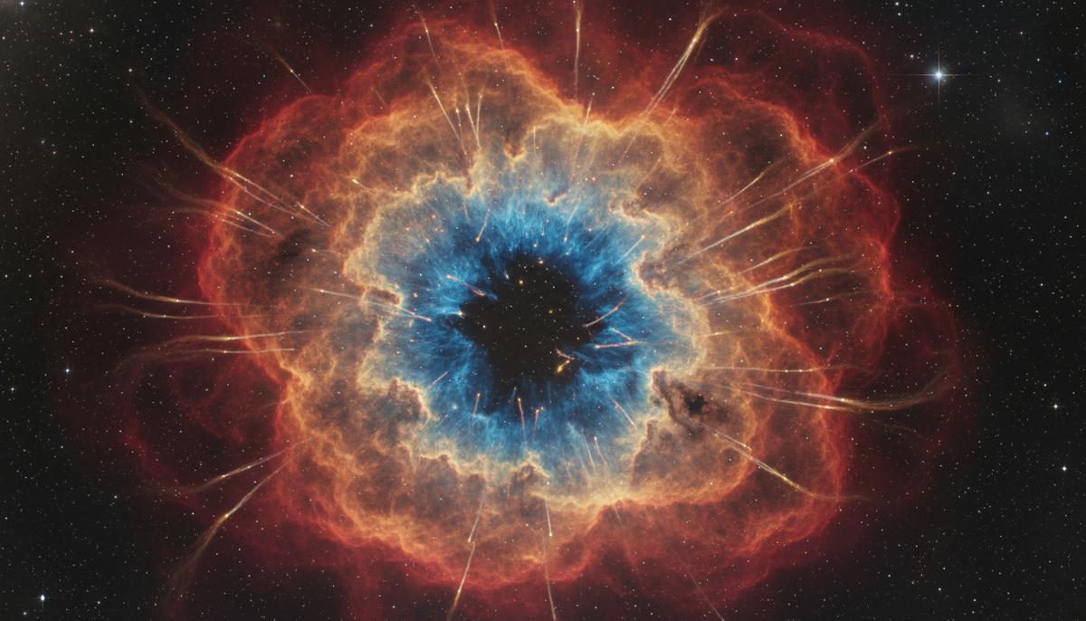 Космическая туманность Улитка в форме яркого кольца с волокнистыми структурами газа и пыли, светящаяся синими, желтыми и красными оттенками.