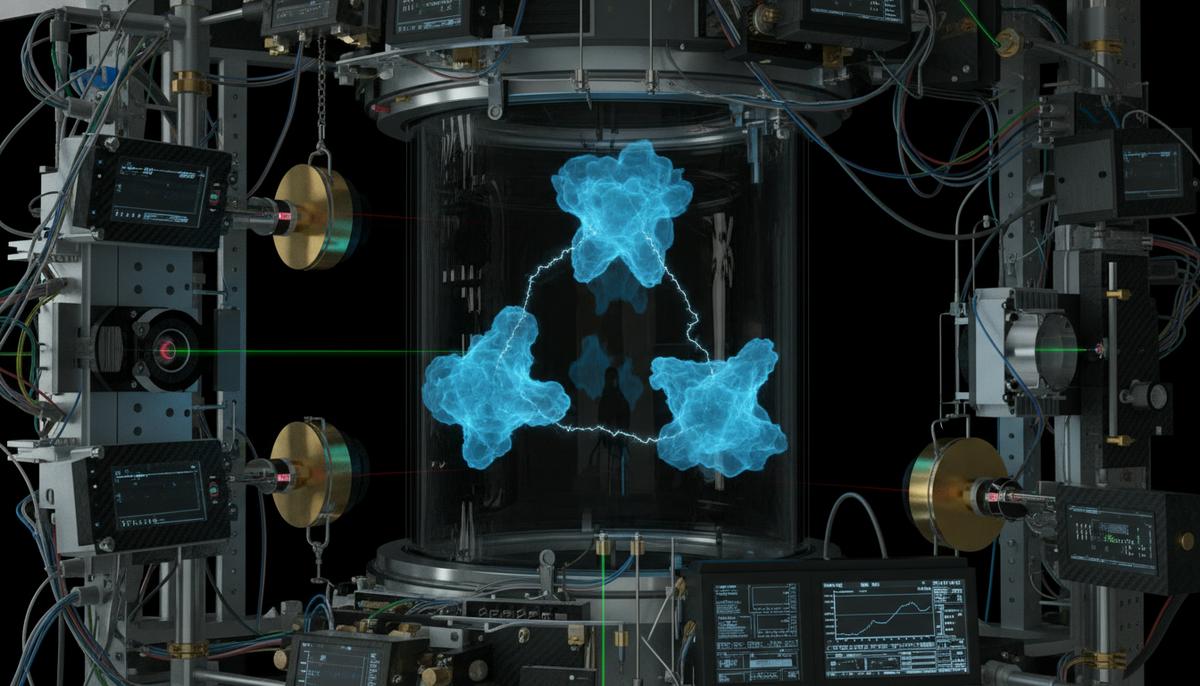 Три светящихся облака холодных атомов в вакуумной камере, окруженной научным оборудованием. Облака соединены тонкими линиями света.