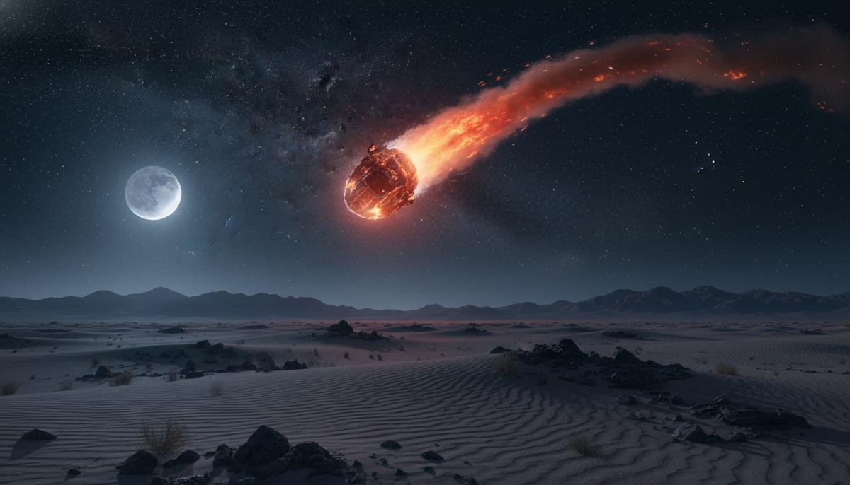 Крупный обломок космического мусора, раскаленный докрасна, оставляет дымный след в ночном небе над горным пейзажем.