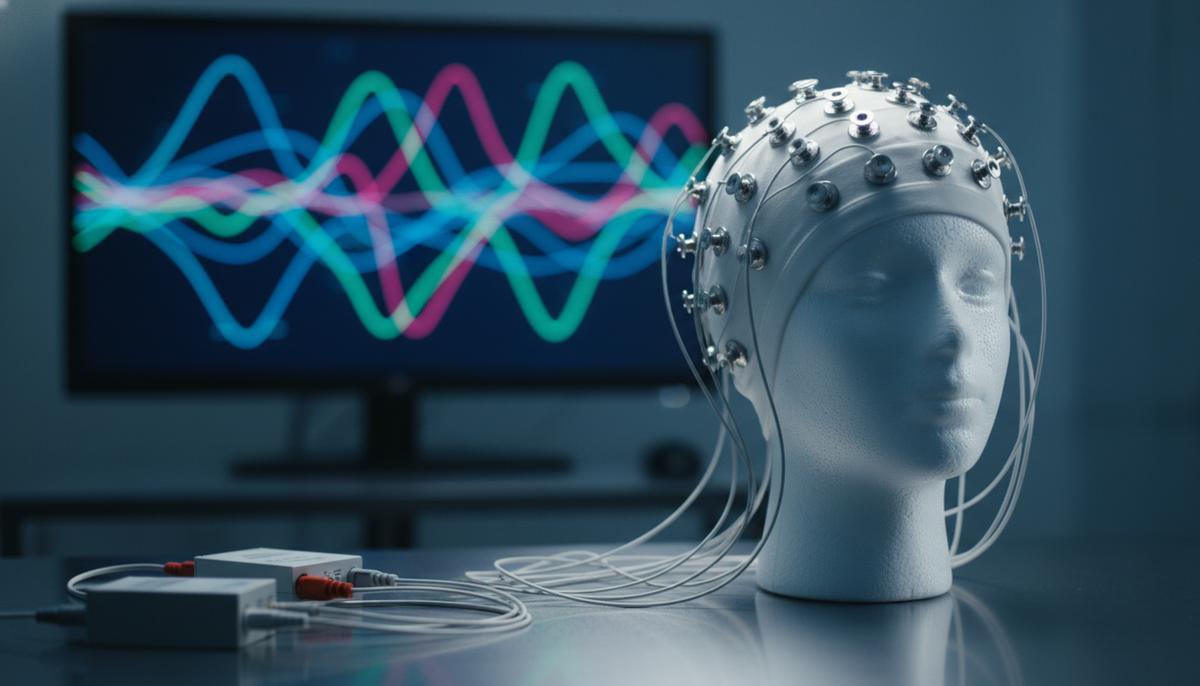 Шапочка для ЭЭГ с множеством электродов и проводов на манекене в лаборатории. На заднем плане виден монитор с графиками.