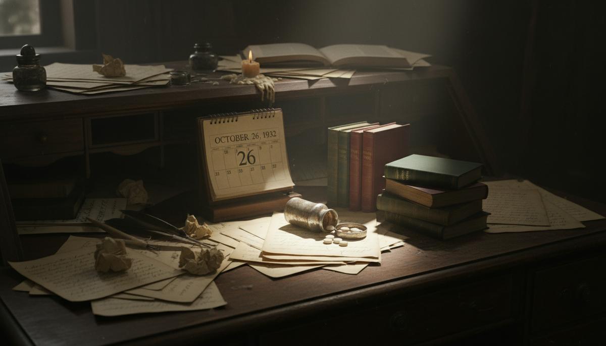 Старинный деревянный стол с разбросанными бумагами, календарем и флаконом для таблеток. В углу – ровная стопка книг.