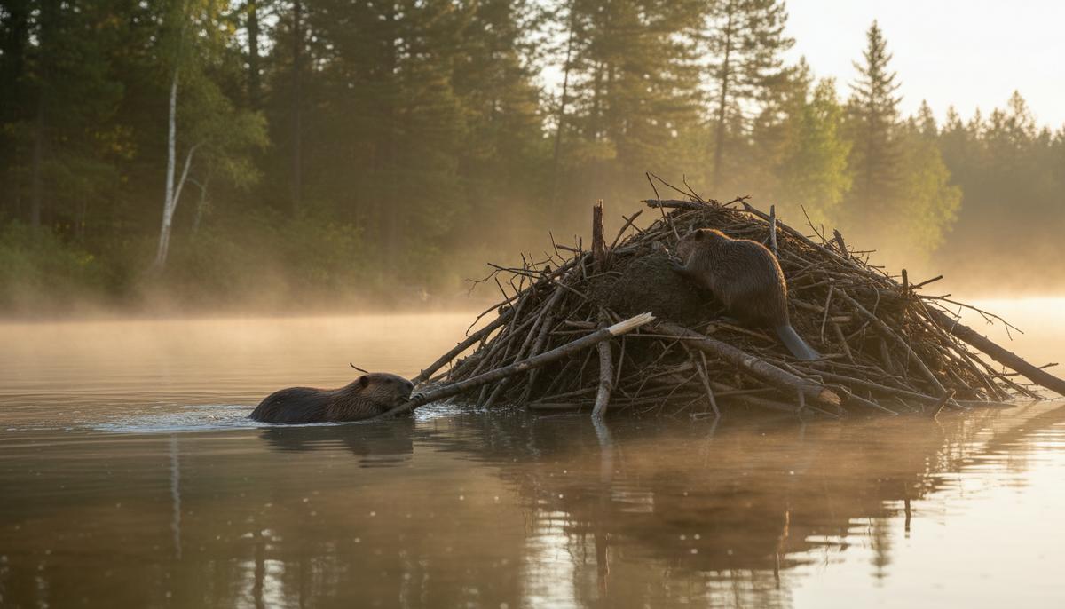 Пара бобров строит свою хатку на берегу спокойной реки на рассвете. Один бобер несет ветку, другой укрепляет постройку грязью в утреннем тумане.