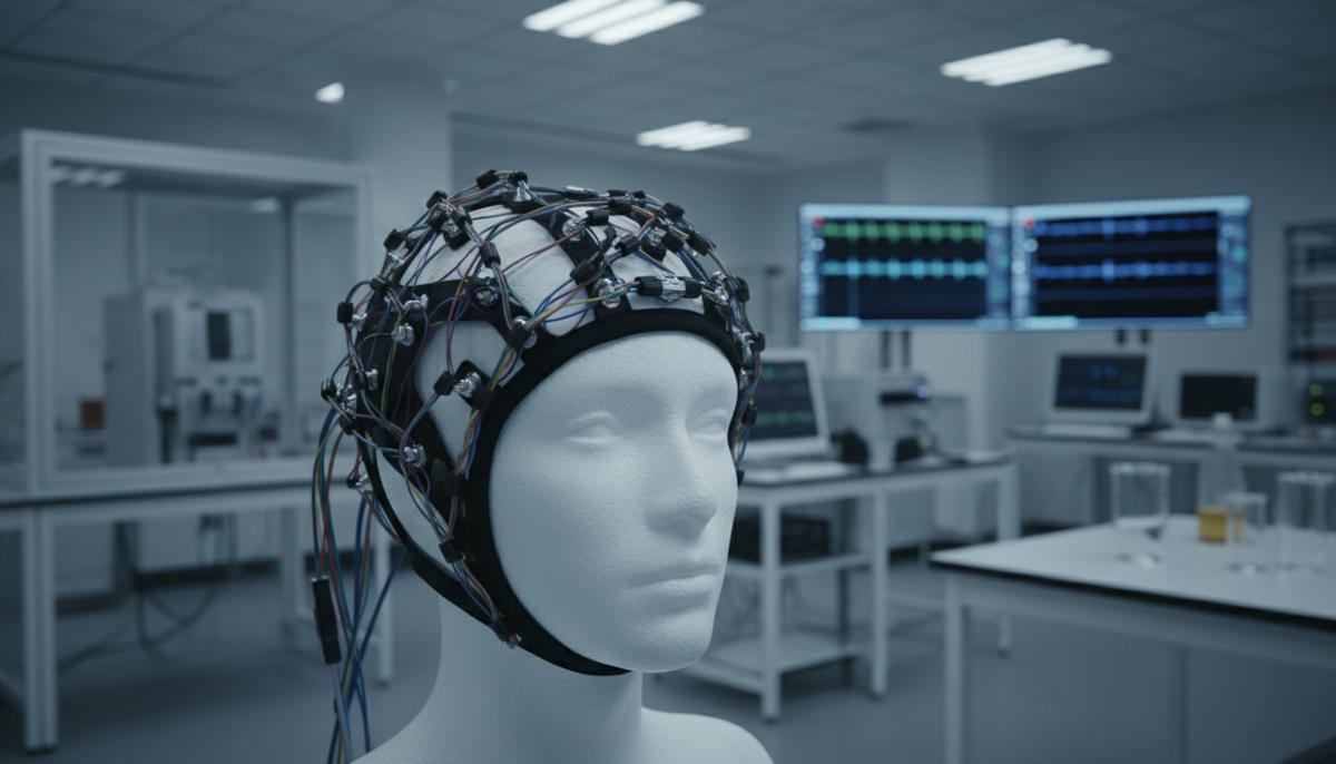 Мозг при шизофрении ошибочно воспринимает внутренний голос как внешний Шапочка для ЭЭГ с электродами и проводами на голове манекена в научной лаборатории на фоне размытого оборудования.