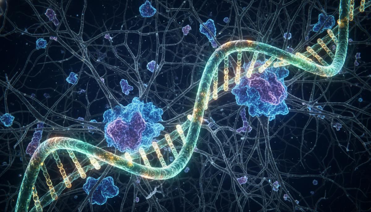 Макроснимок нейронной сети человеческого мозга с амилоидными бляшками и интегрированной в нее светящейся спиралью ДНК.