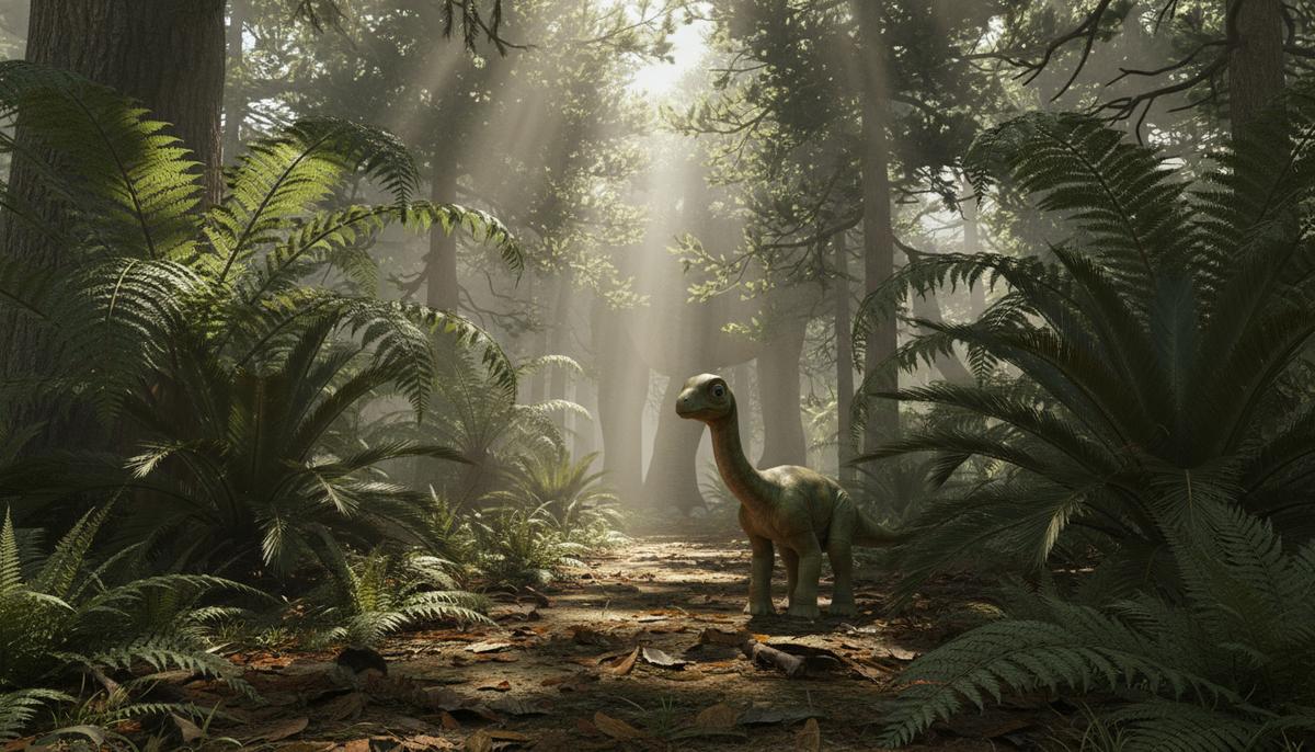 Детеныши зауроподов были основой пищевой цепи хищников юрского периода Маленький детеныш зауропода в одиночестве в густом лесу юрского периода, освещенном лучами солнца. На заднем плане виднеются огромные ноги взрослых динозавров.